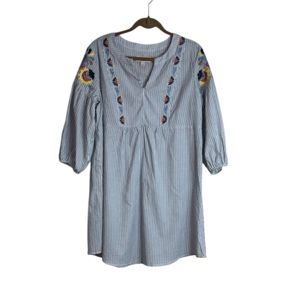 Knox Rose Navy and White Striped Babydoll Boho Dress Large Embroidered